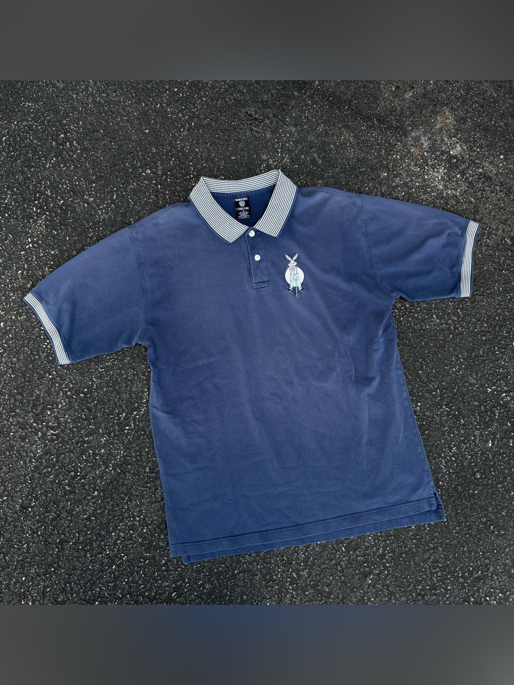 Vintage 90s Bugs Bunny Golf Polo Shirt Looney Tunes Warner Bros Size M Navy Blue